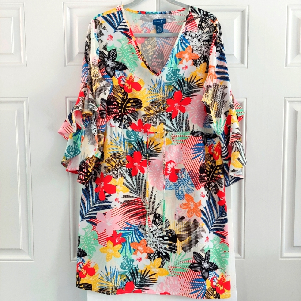 Caribbean Joe Floral Tropical V-neck Trumpet Flutter Sleeve L Beach Swim Coverup